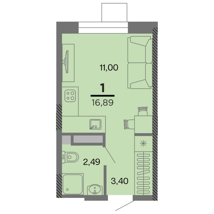 1-комнатная, 16.89 м² — изображение 1