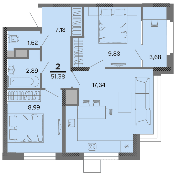 2-комнатная, 51.38 м² — изображение 1