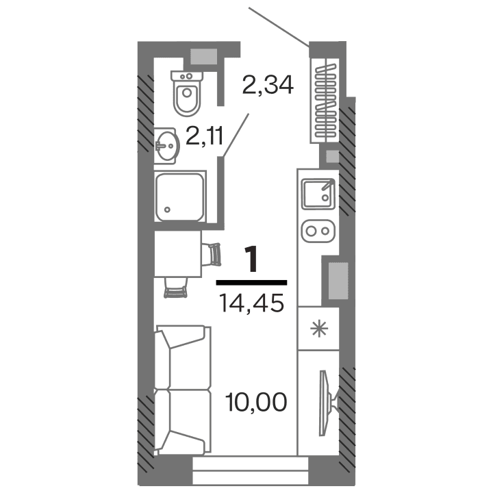 1-комнатная, 14.45 м² — изображение 1