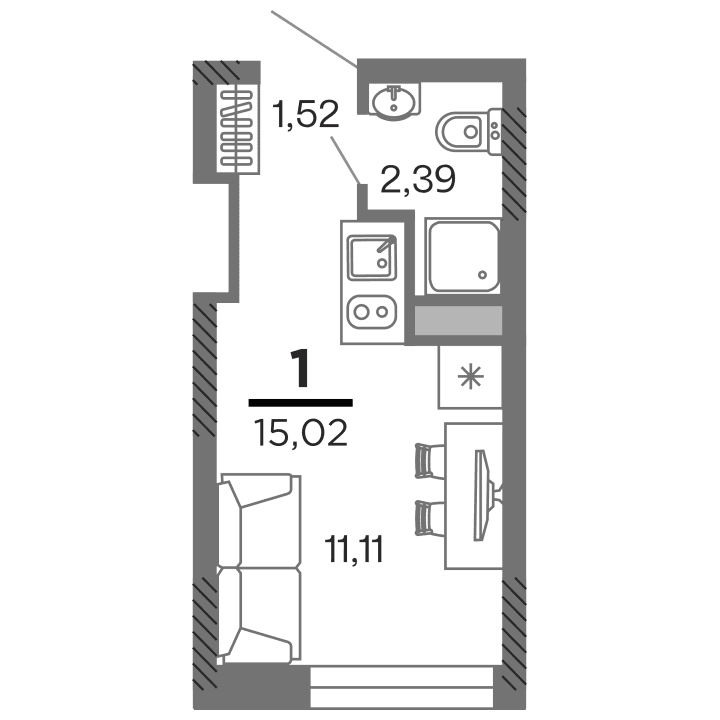1-комнатная, 15.02 м² — изображение 1