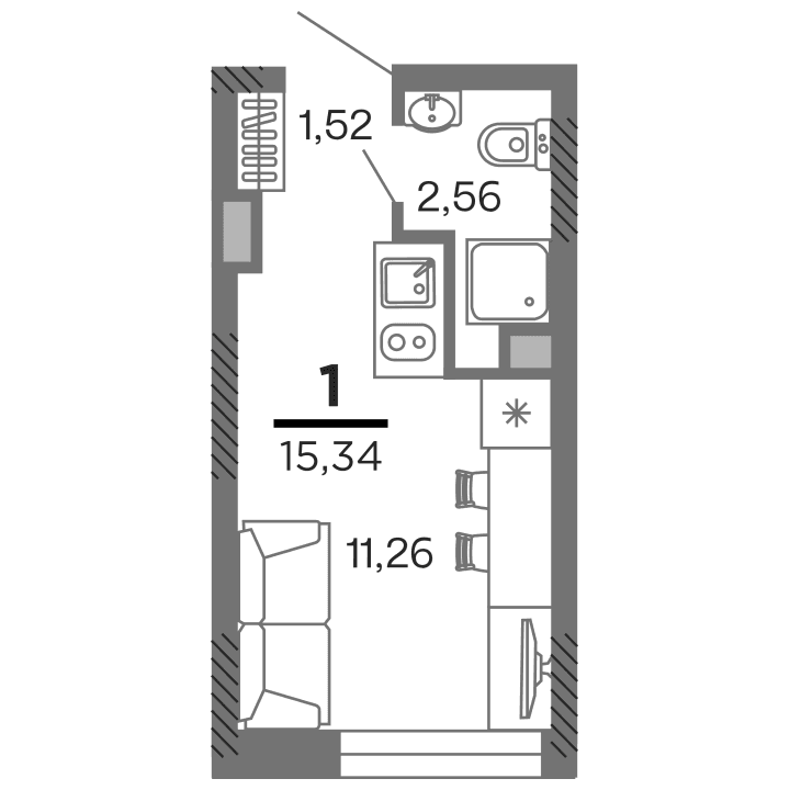 1-комнатная, 15.34 м² — изображение 1