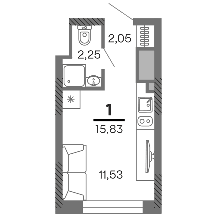 1-комнатная, 15.83 м² — изображение 1