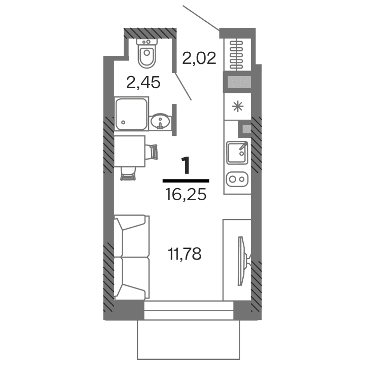1-комнатная, 16.25 м² — изображение 1