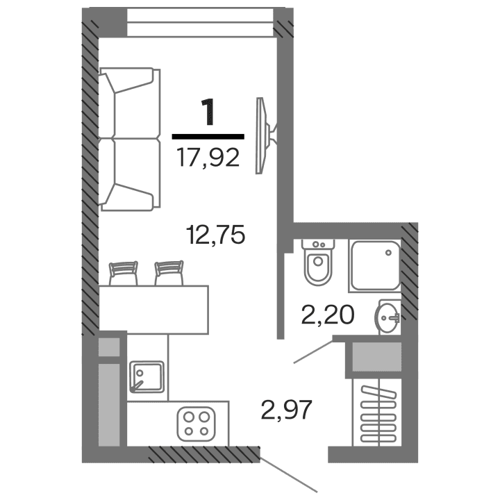 1-комнатная, 17.92 м² — изображение 1
