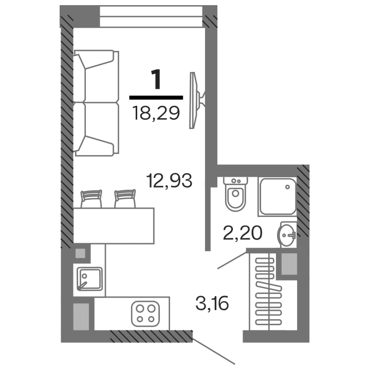 1-комнатная, 18.29 м² — изображение 1