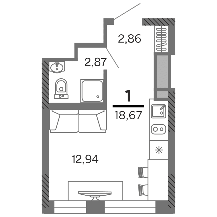 1-комнатная, 18.67 м² — изображение 1