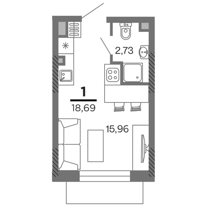 1-комнатная, 18.69 м² — изображение 1