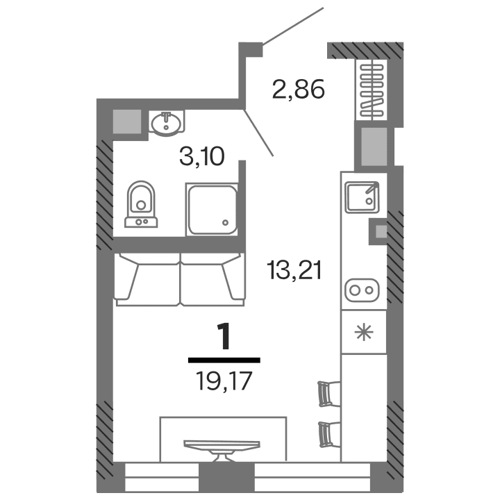 1-комнатная, 19.17 м² — изображение 1