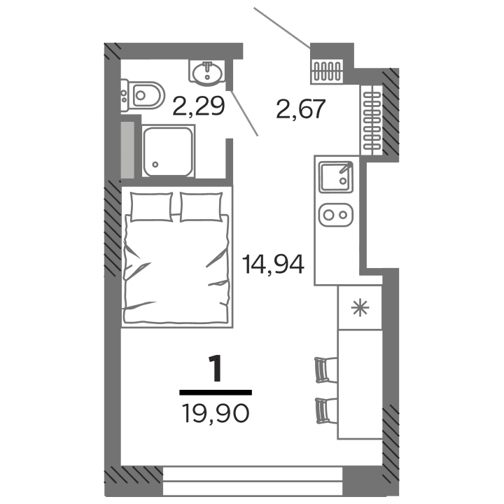 1-комнатная, 19.9 м² — изображение 1