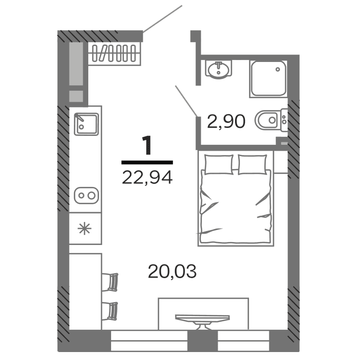 1-комнатная, 22.94 м² — изображение 1