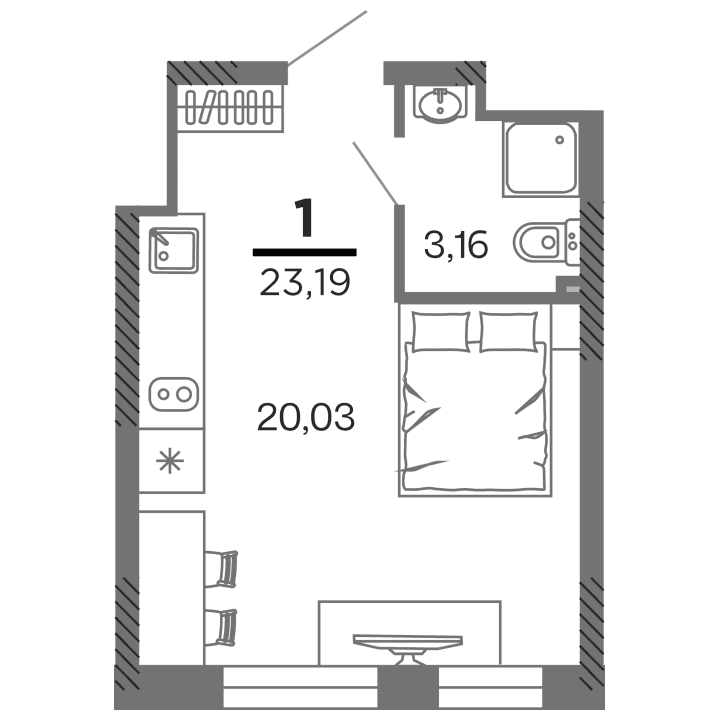 1-комнатная, 23.19 м² — изображение 1
