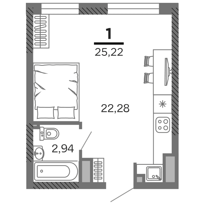 1-комнатная, 25.22 м² — изображение 1