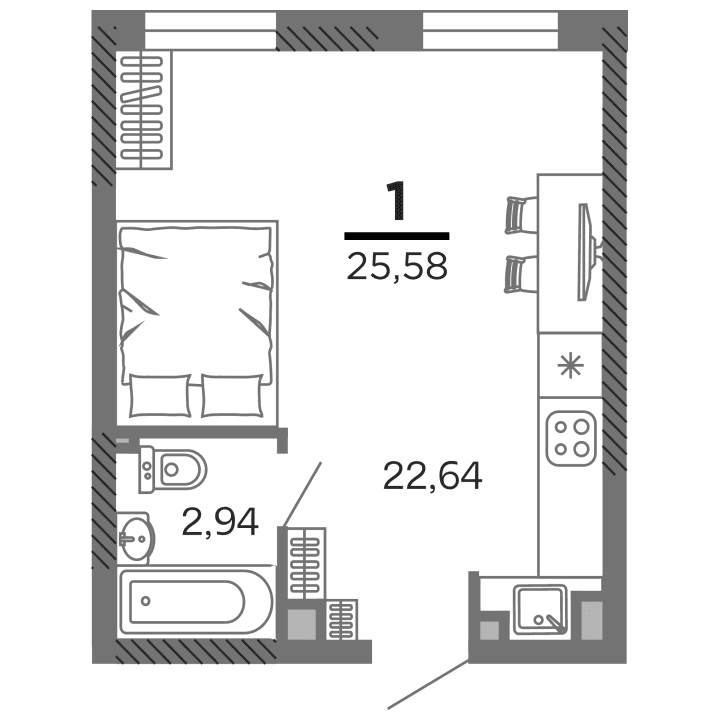 1-комнатная, 25.58 м² — изображение 1