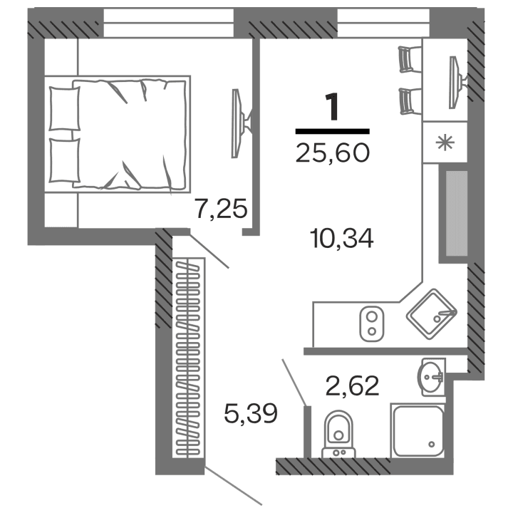 1-комнатная, 25.6 м² — изображение 1