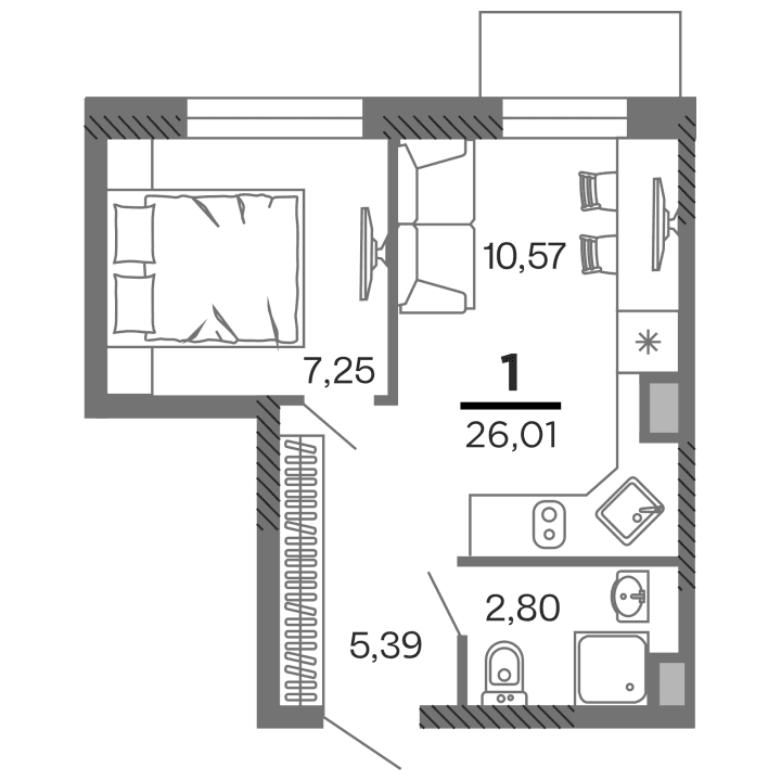 1-комнатная, 26.01 м² — изображение 1