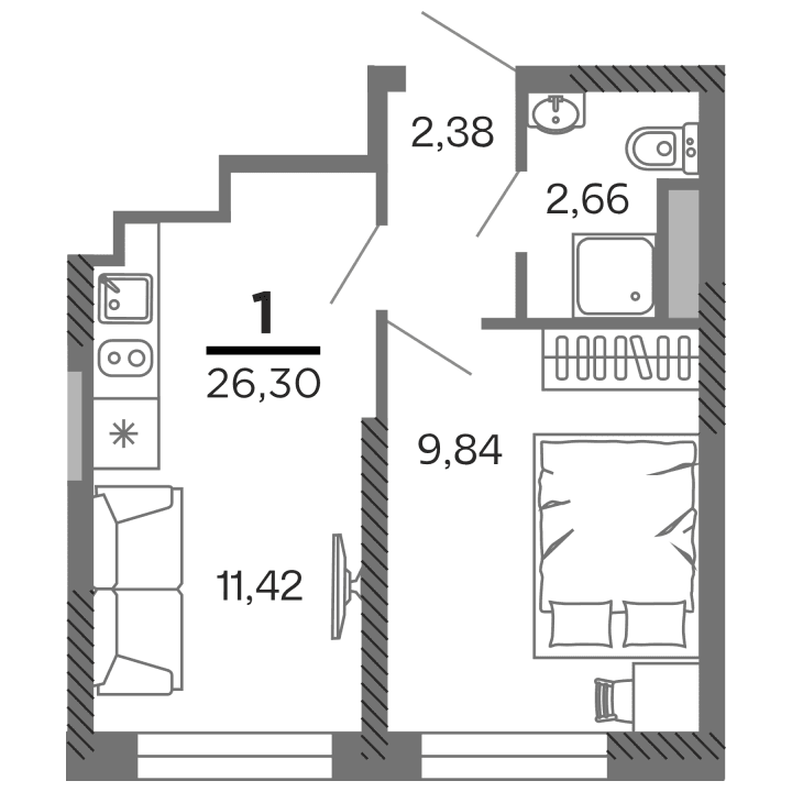 1-комнатная, 26.3 м² — изображение 1