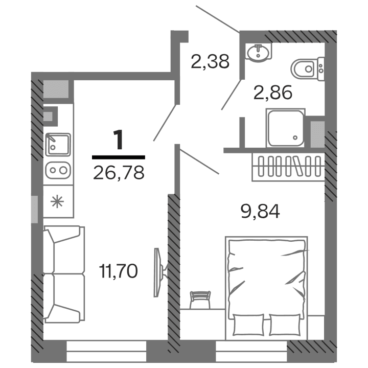1-комнатная, 26.78 м² — изображение 1