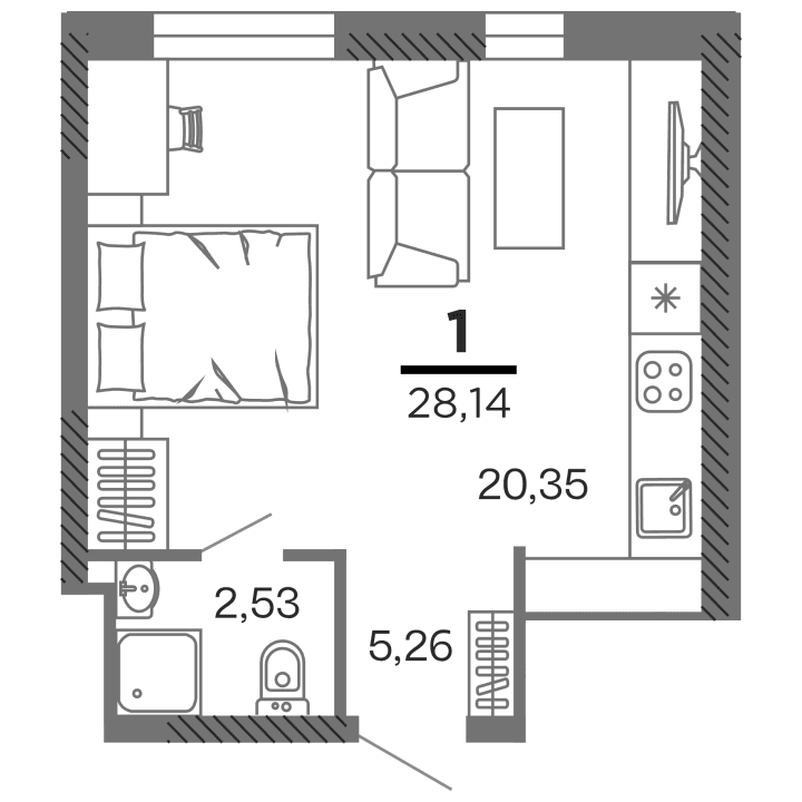 1-комнатная, 28.14 м² — изображение 1