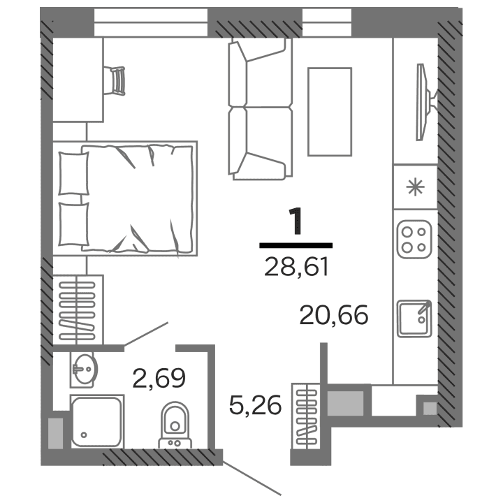 1-комнатная, 28.61 м² — изображение 1