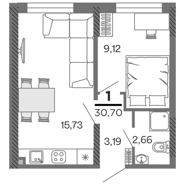 1-комнатная, 30.7 м² — изображение 1