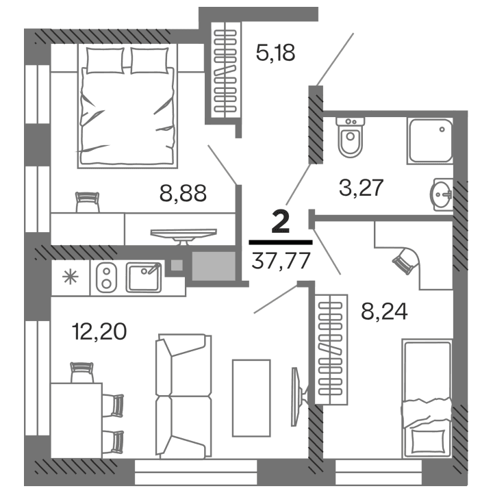 2-комнатная, 37.77 м² — изображение 1