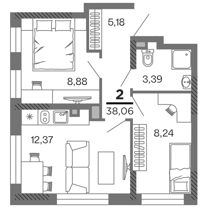 2-комнатная, 38.06 м² — изображение 1