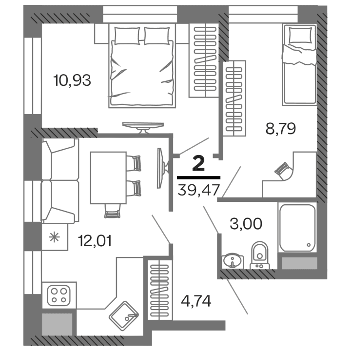 2-комнатная, 39.47 м² — изображение 1