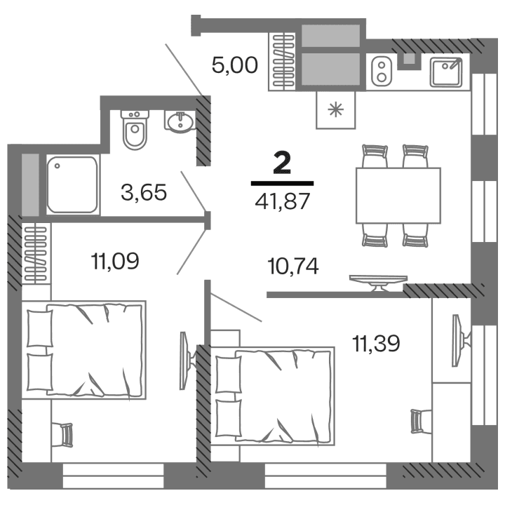 2-комнатная, 41.87 м² — изображение 1