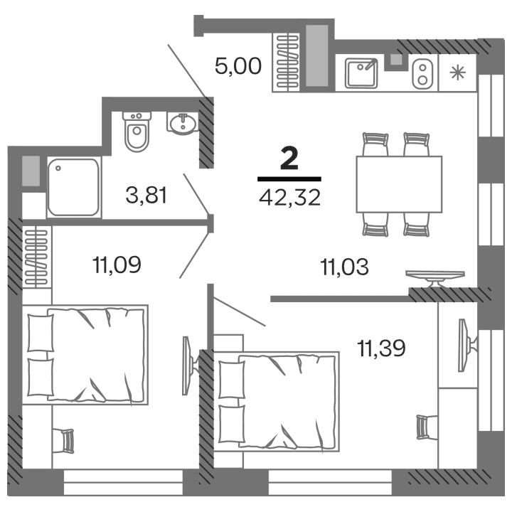 2-комнатная, 42.32 м² — изображение 1