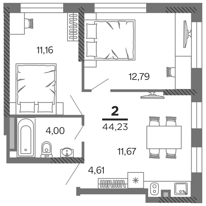 2-комнатная, 44.23 м² — изображение 1