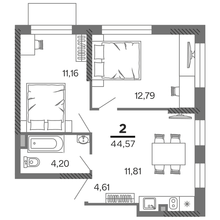 2-комнатная, 44.57 м² — изображение 1