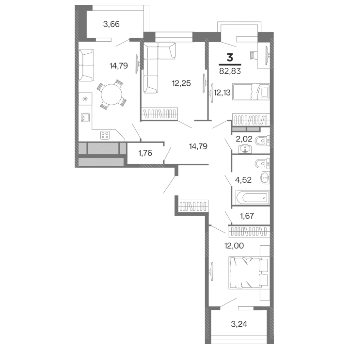 3-комнатная, 82.83 м² — изображение 1