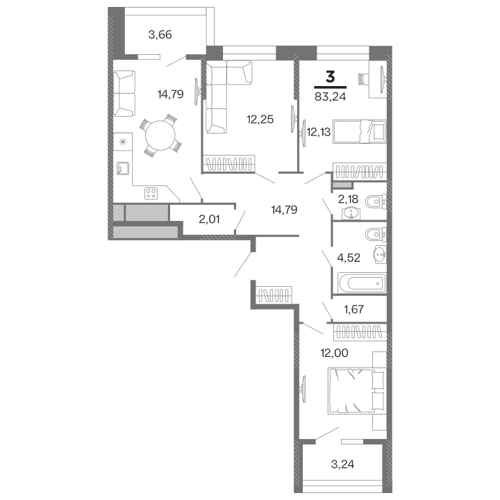 3-комнатная, 83.24 м² — изображение 1