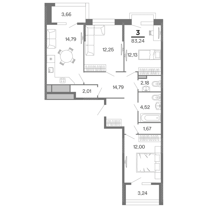 3-комнатная, 83.24 м² — изображение 1