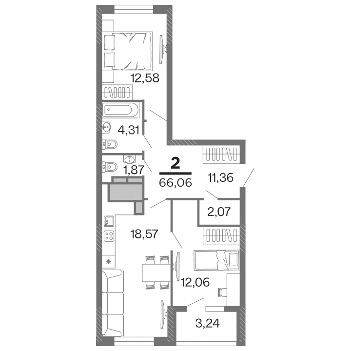 2-комнатная, 66.06 м² — изображение 1
