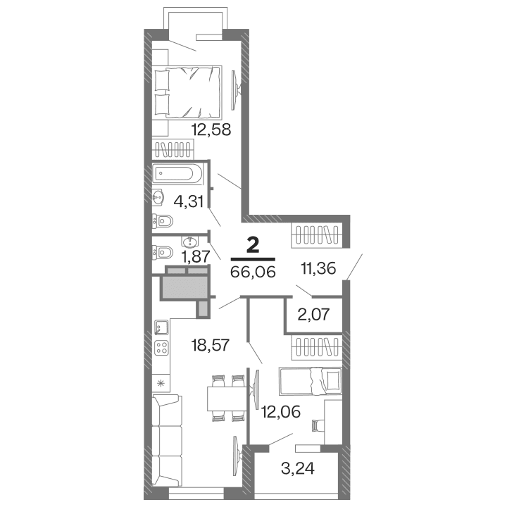 2-комнатная, 66.06 м² — изображение 1