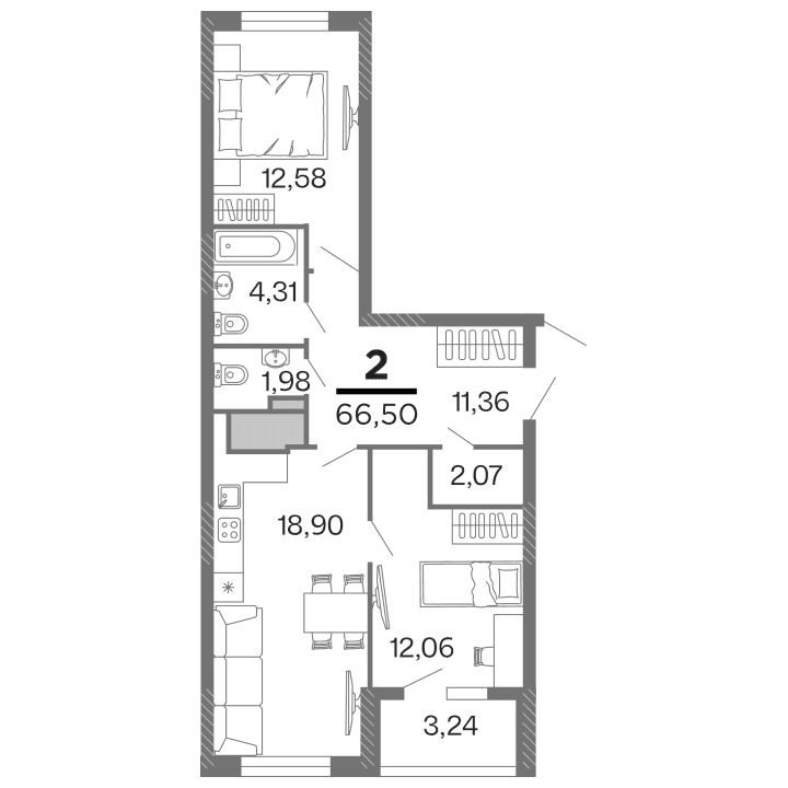 2-комнатная, 66.5 м² — изображение 1