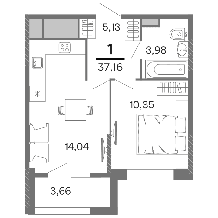 1-комнатная, 37.16 м² — изображение 1