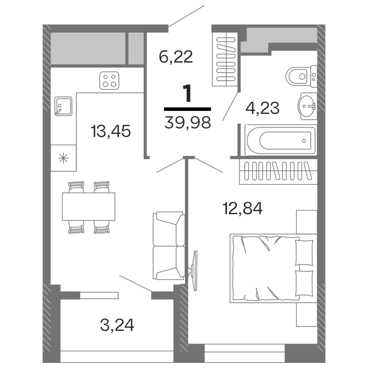 1-комнатная, 39.98 м² — изображение 1