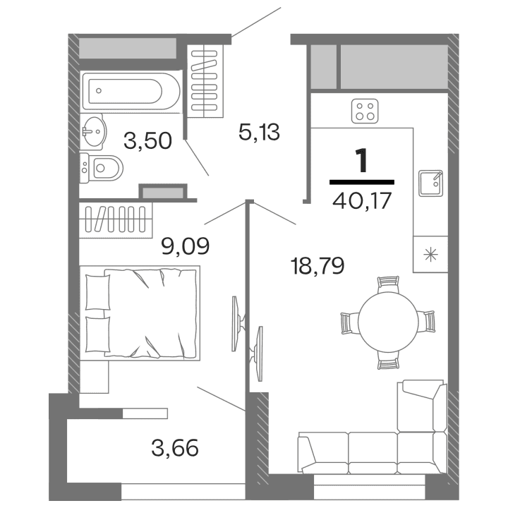 1-комнатная, 40.17 м² — изображение 1