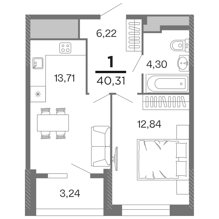 1-комнатная, 40.31 м² — изображение 1
