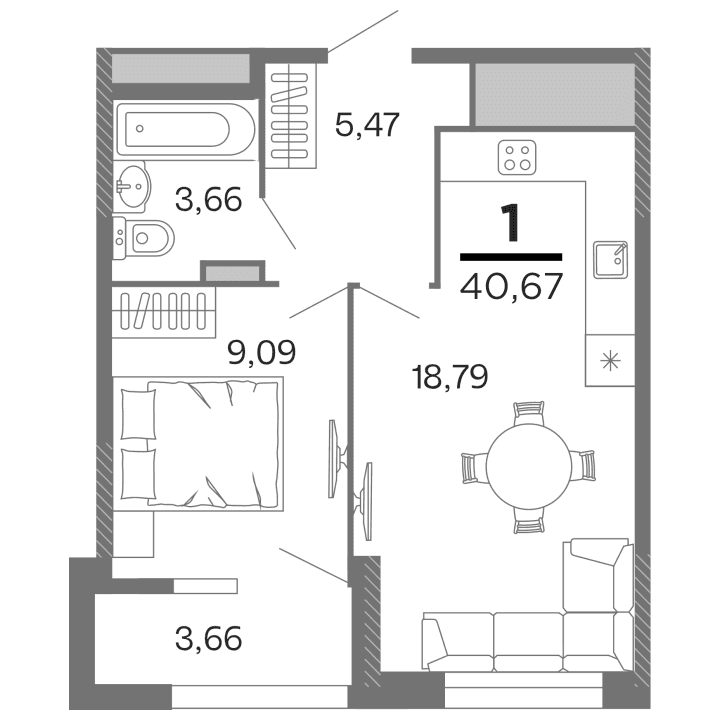 1-комнатная, 40.67 м² — изображение 1