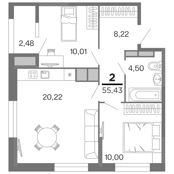 2-комнатная, 55.43 м² — изображение 1