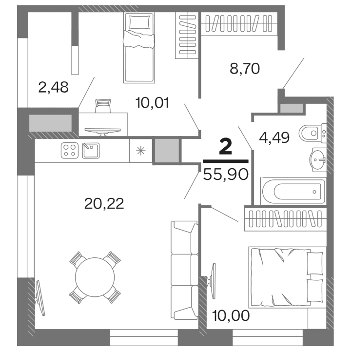 2-комнатная, 55.9 м² — изображение 1