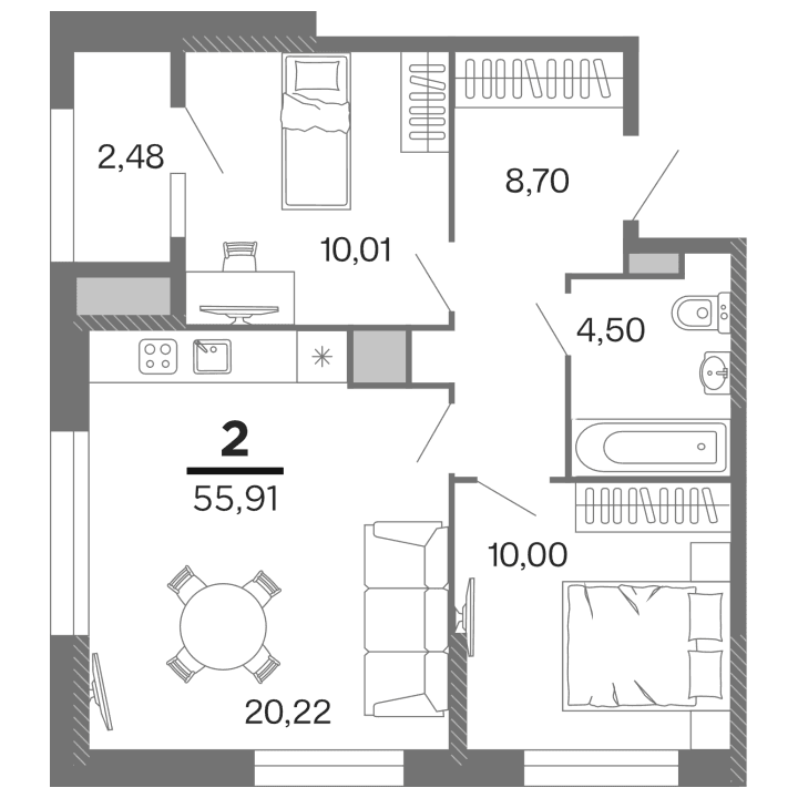 2-комнатная, 55.91 м² — изображение 1
