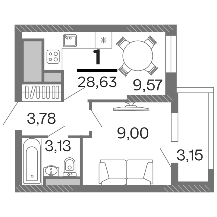 1-комнатная, 28.63 м² — изображение 1
