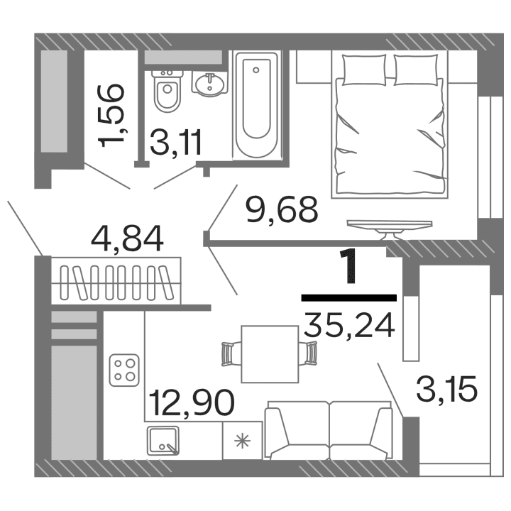1-комнатная, 35.24 м² — изображение 1
