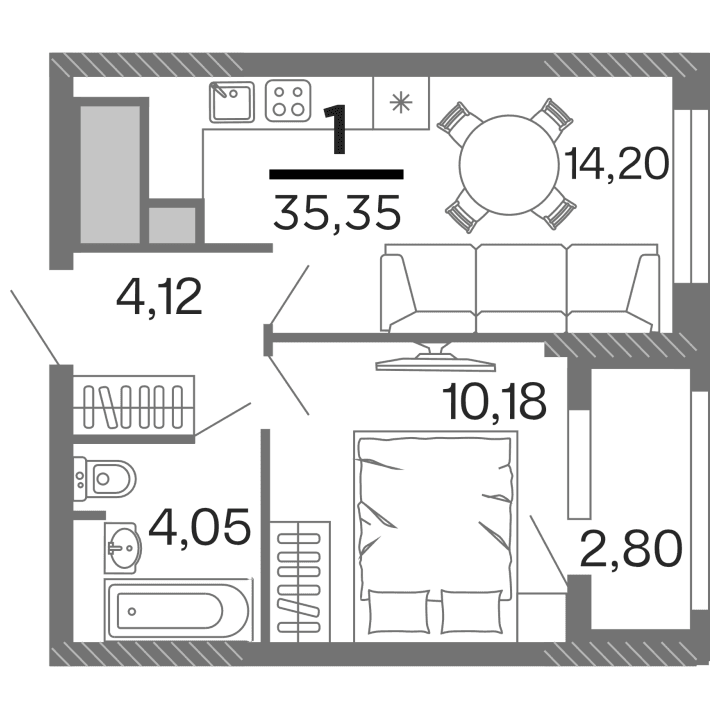 1-комнатная, 35.35 м² — изображение 1