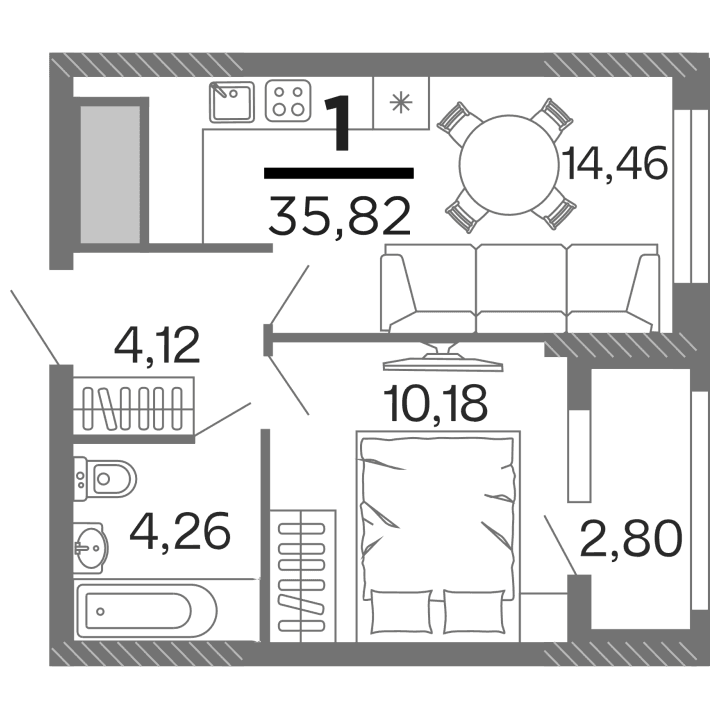 1-комнатная, 35.82 м² — изображение 1