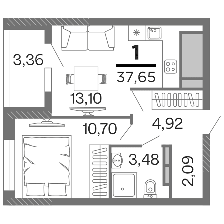 1-комнатная, 37.65 м² — изображение 1